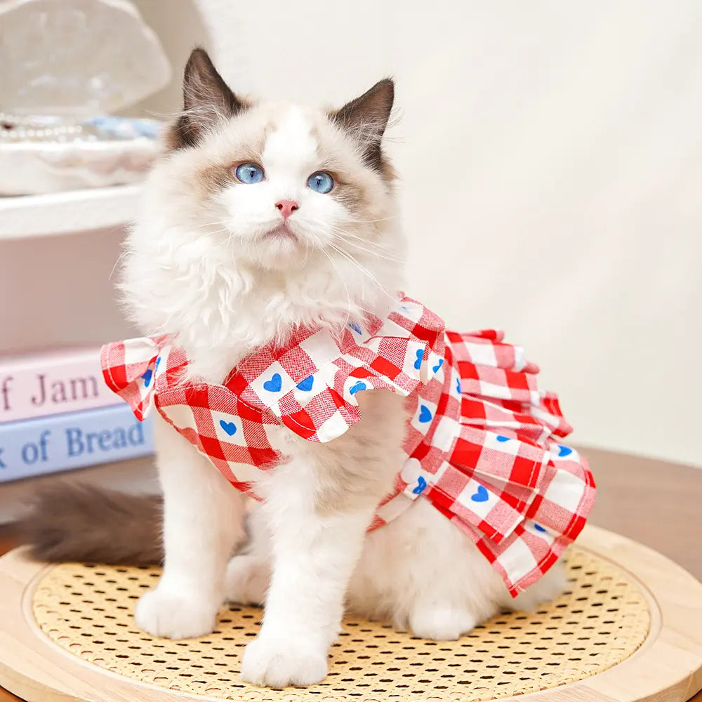 Pet Clothes Dog Cat Princess Dress Flying Sleeve Sleeveless Cute Costume Plaid Love Patten Breathable with Leash Ring D00042