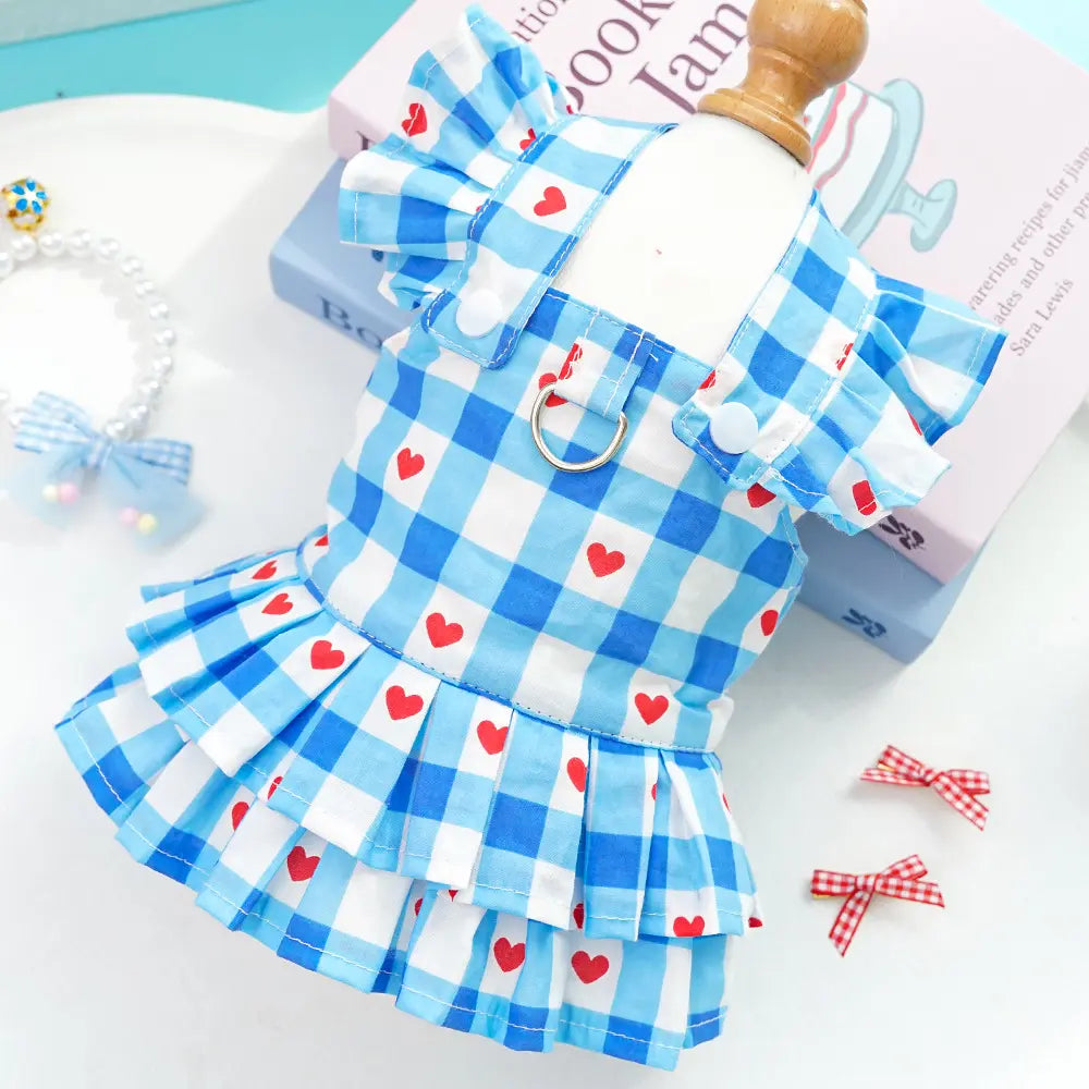 Pet Clothes Dog Cat Princess Dress Flying Sleeve Sleeveless Cute Costume Plaid Love Patten Breathable with Leash Ring D00042
