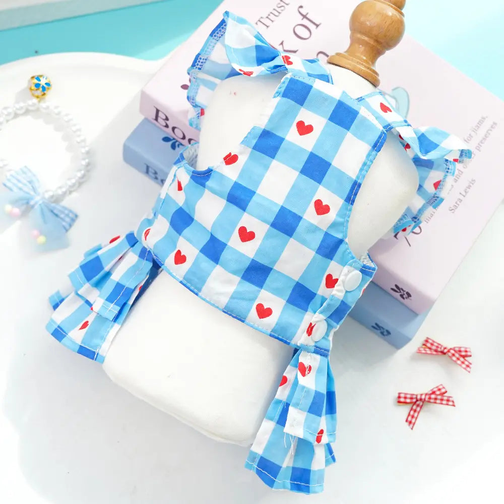Pet Clothes Dog Cat Princess Dress Flying Sleeve Sleeveless Cute Costume Plaid Love Patten Breathable with Leash Ring D00042