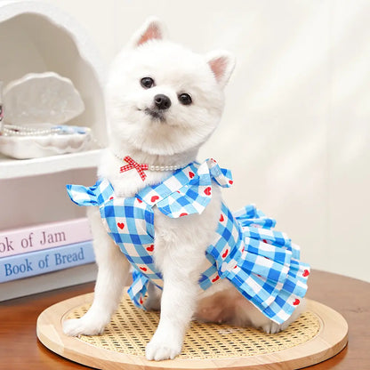 Pet Clothes Dog Cat Princess Dress Flying Sleeve Sleeveless Cute Costume Plaid Love Patten Breathable with Leash Ring D00042