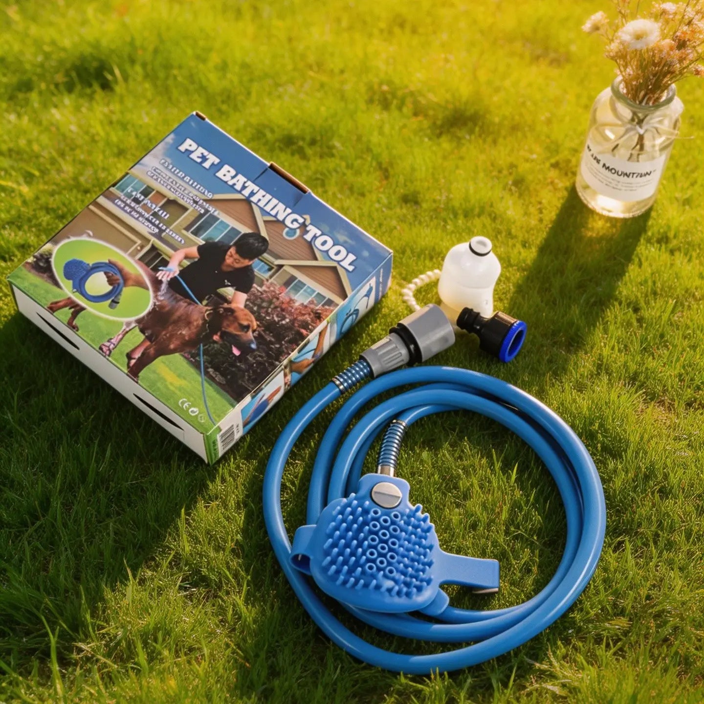 2-In-1 Dog Shower Attachment with Aqua Massage and Dual Shine Technology - Slip-On Hose for Indoor/Outdoor Pet Bathing and Grooming - Efficient Home Cleaning Solution, Blue