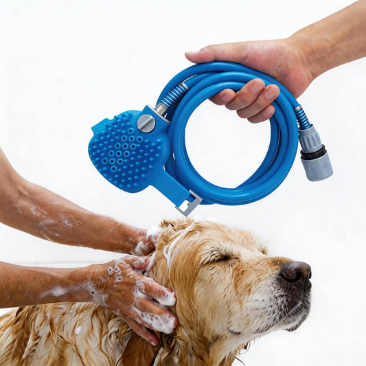 2-In-1 Dog Shower Attachment with Aqua Massage and Dual Shine Technology - Slip-On Hose for Indoor/Outdoor Pet Bathing and Grooming - Efficient Home Cleaning Solution, Blue