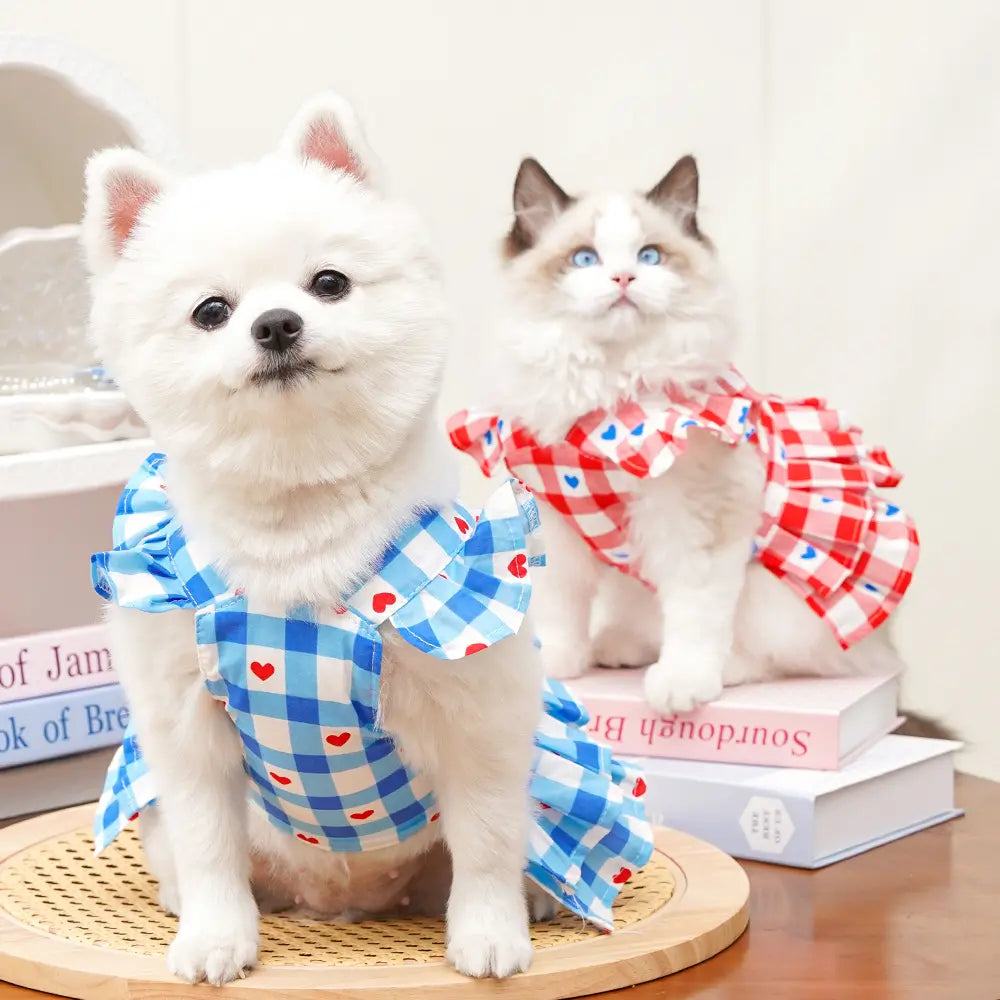 Pet Clothes Dog Cat Princess Dress Flying Sleeve Sleeveless Cute Costume Plaid Love Patten Breathable with Leash Ring D00042