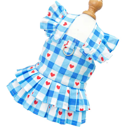 Pet Clothes Dog Cat Princess Dress Flying Sleeve Sleeveless Cute Costume Plaid Love Patten Breathable with Leash Ring D00042