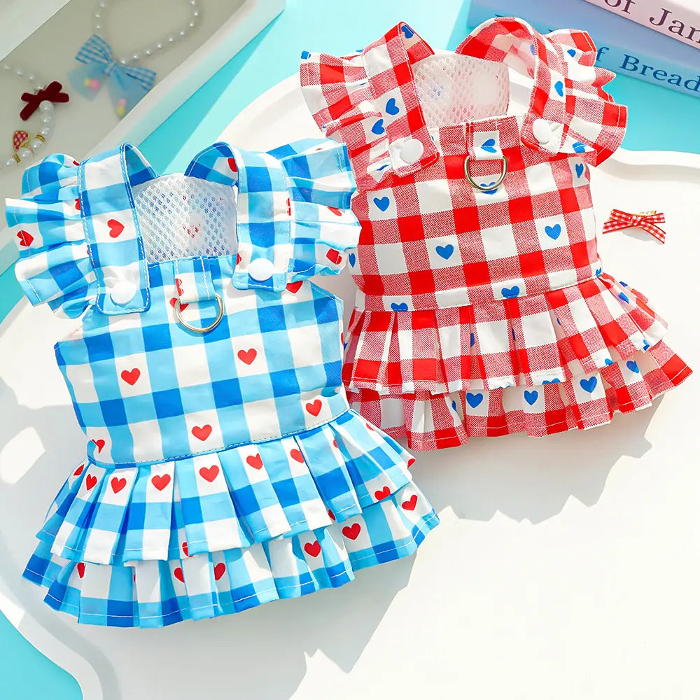 Pet Clothes Dog Cat Princess Dress Flying Sleeve Sleeveless Cute Costume Plaid Love Patten Breathable with Leash Ring D00042