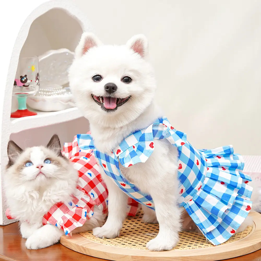 Pet Clothes Dog Cat Princess Dress Flying Sleeve Sleeveless Cute Costume Plaid Love Patten Breathable with Leash Ring D00042