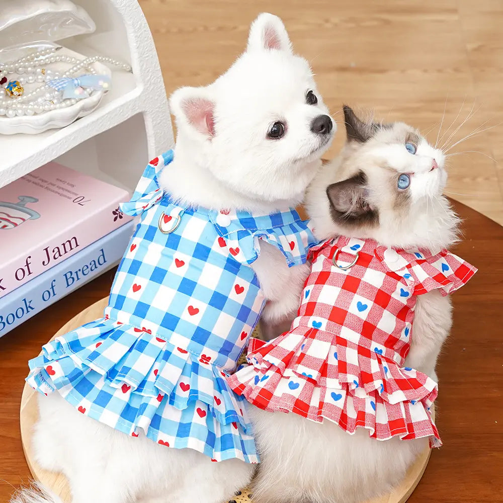 Pet Clothes Dog Cat Princess Dress Flying Sleeve Sleeveless Cute Costume Plaid Love Patten Breathable with Leash Ring D00042